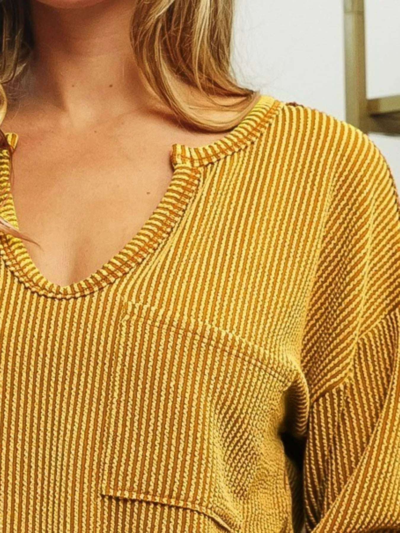 BiBi Wavy Two Tone Rib Notch Neck Patch Pocket Top | Knit Tops Daverri Fashions