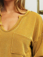 BiBi Wavy Two Tone Rib Notch Neck Patch Pocket Top | Knit Tops Daverri Fashions