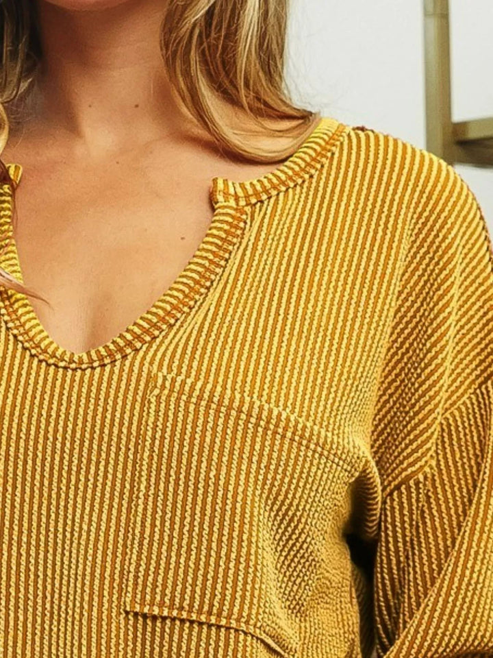 BiBi Wavy Two Tone Rib Notch Neck Patch Pocket Top | Knit Tops Daverri Fashions