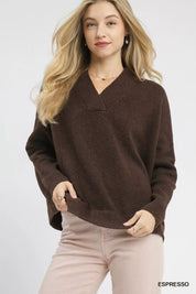 ESPRESSO Umgee V-Neck Sweater with Wide Trim Detail | Sweaters Daverri Fashions