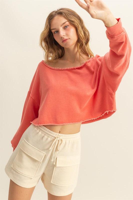 HYFVE Frayed Detail Boat Neck Long Sleeve Crop Top Tops