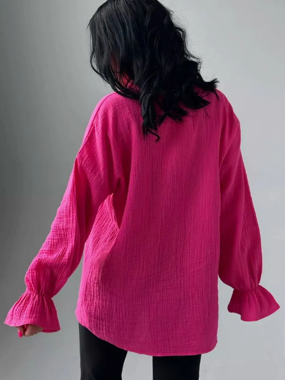 Vibrant fuchsia women’s collared flounce sleeve loose fit cotton shirt