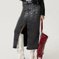 Dark gray distressed denim midi skirt with front slit and wide-leg cropped design