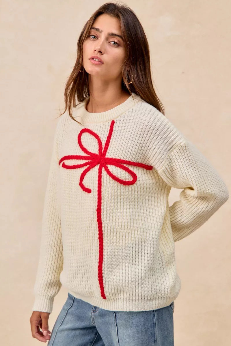 BiBi Christmas Ribbon Bow Embroidery Sweater | Sweaters Daverri Fashions