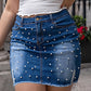 Plus size pearl embellished blue denim mini skirt with frayed hem