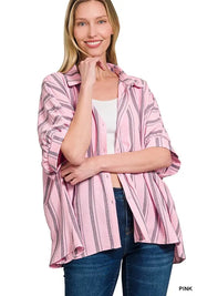 Zenana Woven Yarn-Dye Stripe Oversized Button Down Shirt | Daverri Fashions