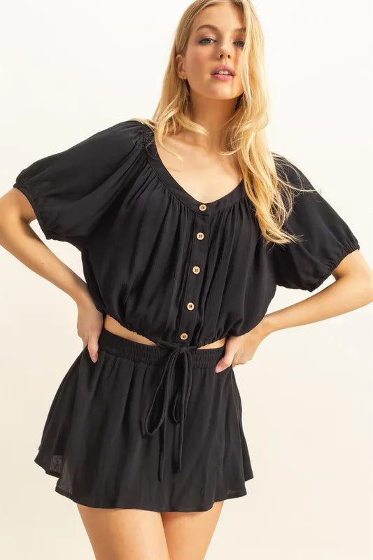 HYFVE Drawstring Hem Short Sleeve Top and Skort Set Black L Skort Sets