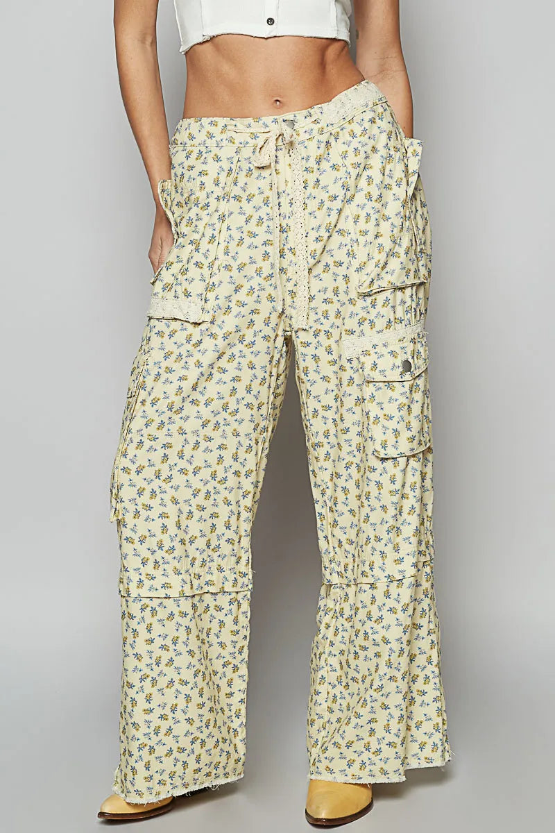 POL Floral Cargo Wide Leg Pants with Lace Drawstring VANILLAFLORAL Pants