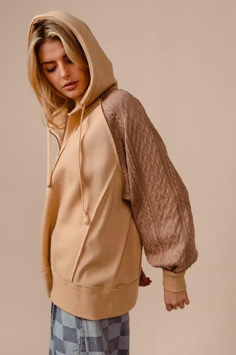 BiBi Half Zip French Terry Hoodie with Kint Sleeves - DAVERRI FASHIONS