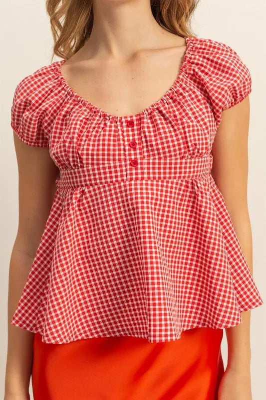 HYFVE Gingham Scoop Neck Cap Sleeve Blouse