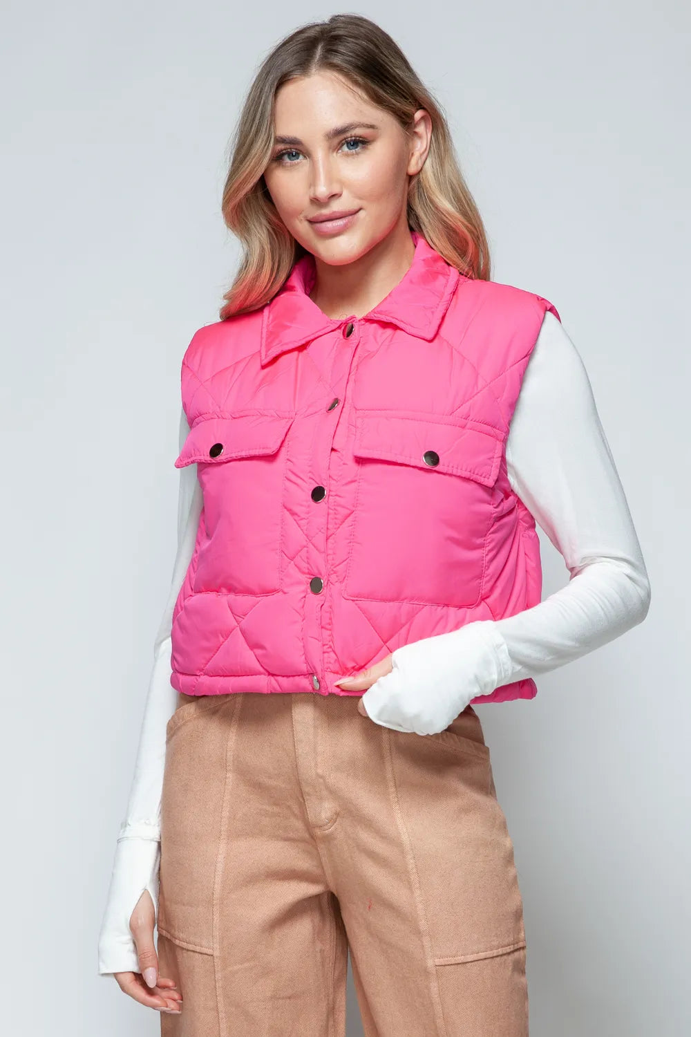 Hot Pink Snobbish Snap Down Quilted Crop Vest | Vest Jackets Daverri Fashions
