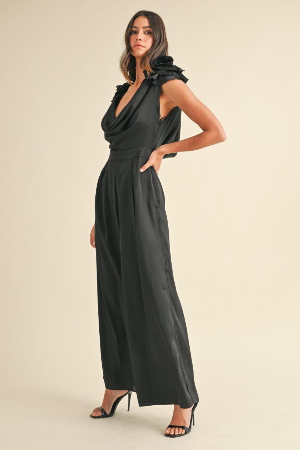 Black Applique Deep Cowl Neck Jumpsuit Bottoms