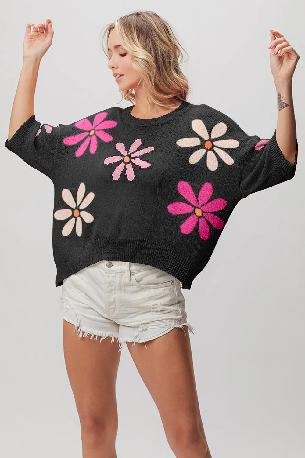BiBi Floral Pattern Cropped Sweater Black | Sweaters Daverri Fashions