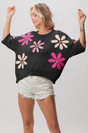 BiBi Floral Pattern Cropped Sweater Black | Sweaters Daverri Fashions