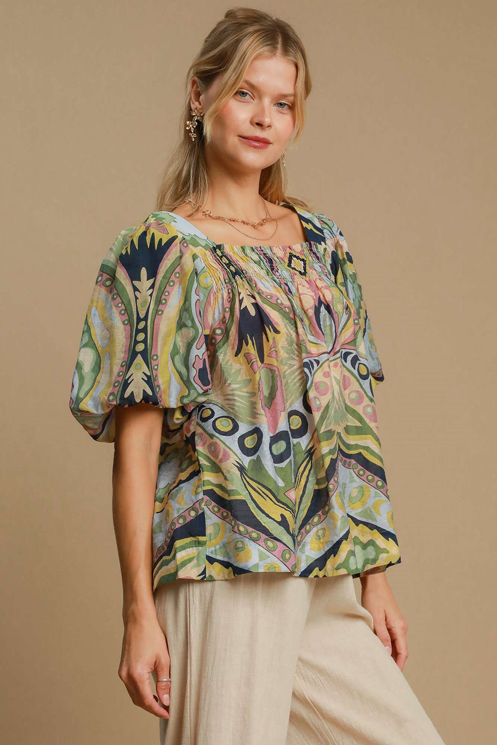 Abstract Print Smocked Square Neck Puff Sleeve Blouse Green Mix Short Sleeve Tops