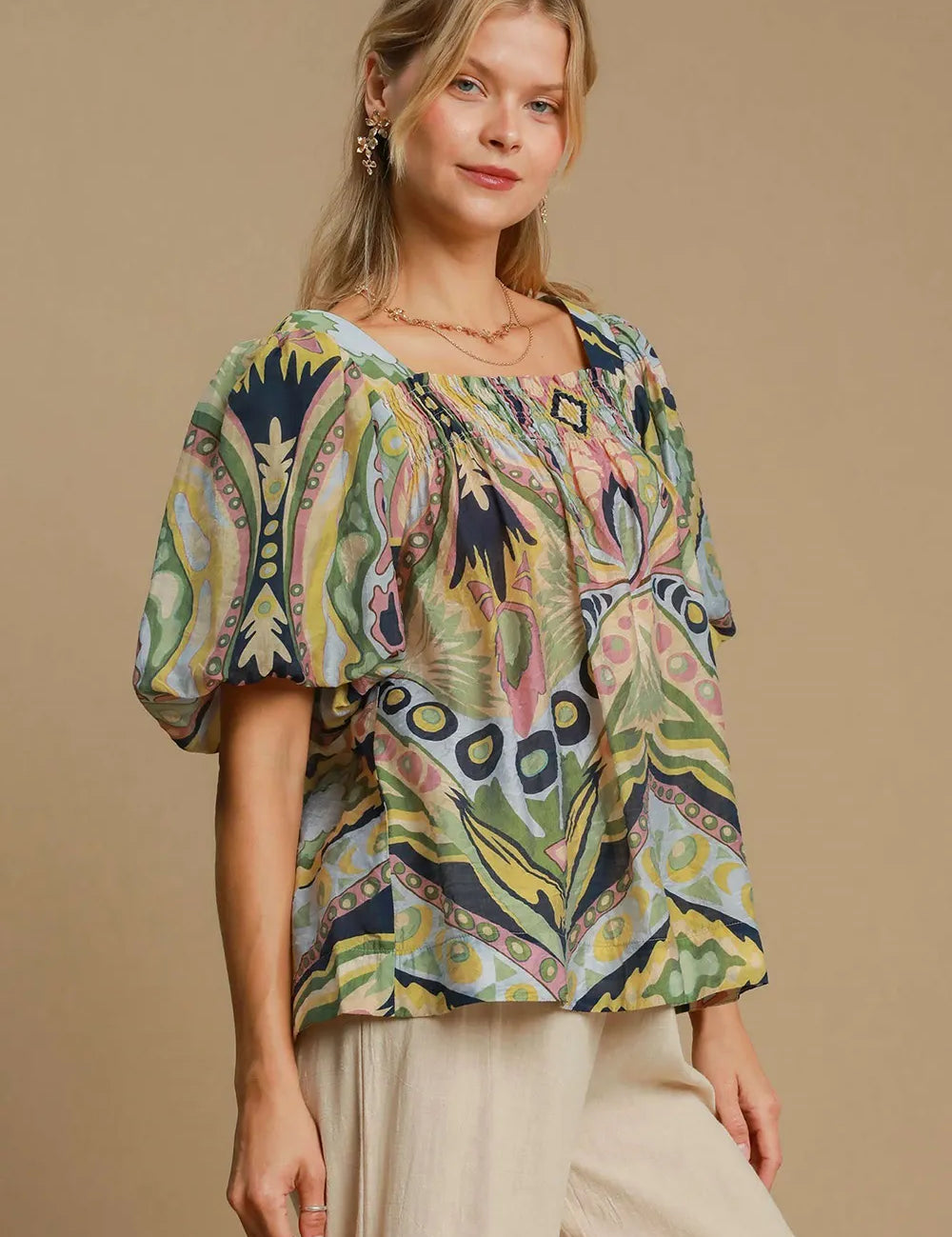 Green Mix Umgee Abstract Print Smocked Square Neck Puff Sleeve Blouse Plus | Blouses Daverri Fashions