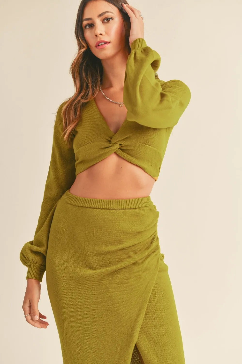 MABLE Front Twisted Knit Top and Midi Skirt Set Outfit Sets