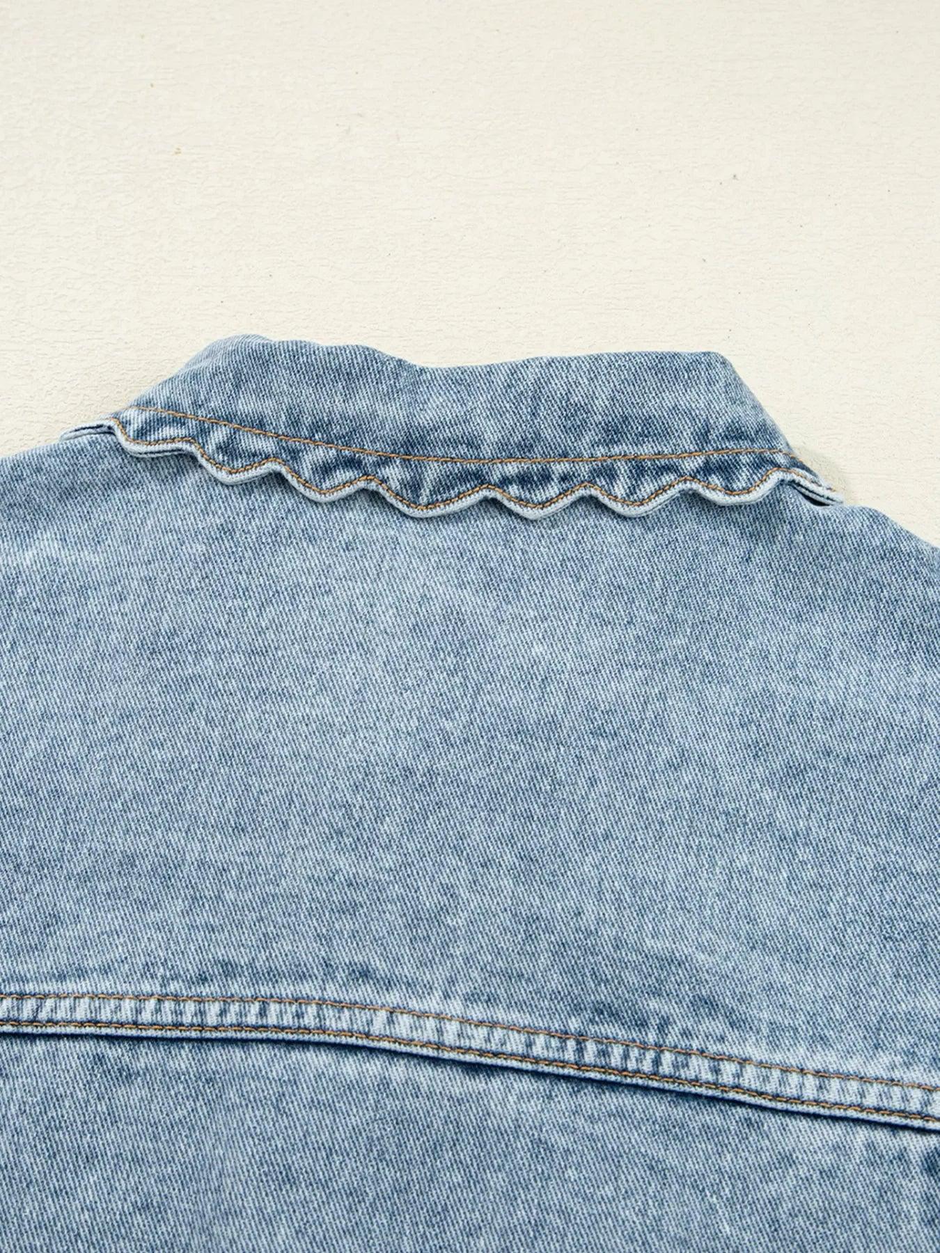 Scallop Trim Collar Patched Pocket Button Up Denim Jacket - DAVERRI FASHIONS