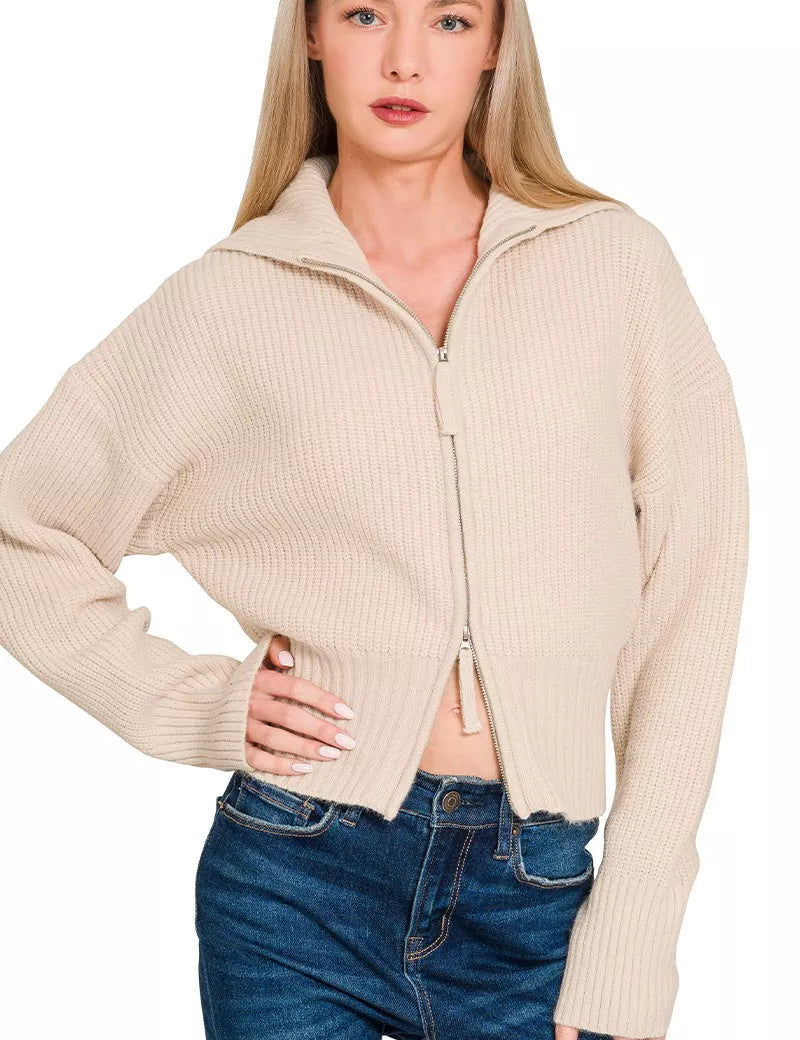 SAND BEIGE Zenana Ribbed Collared Zip Up Sweater Cardigan | Daverri Fashions