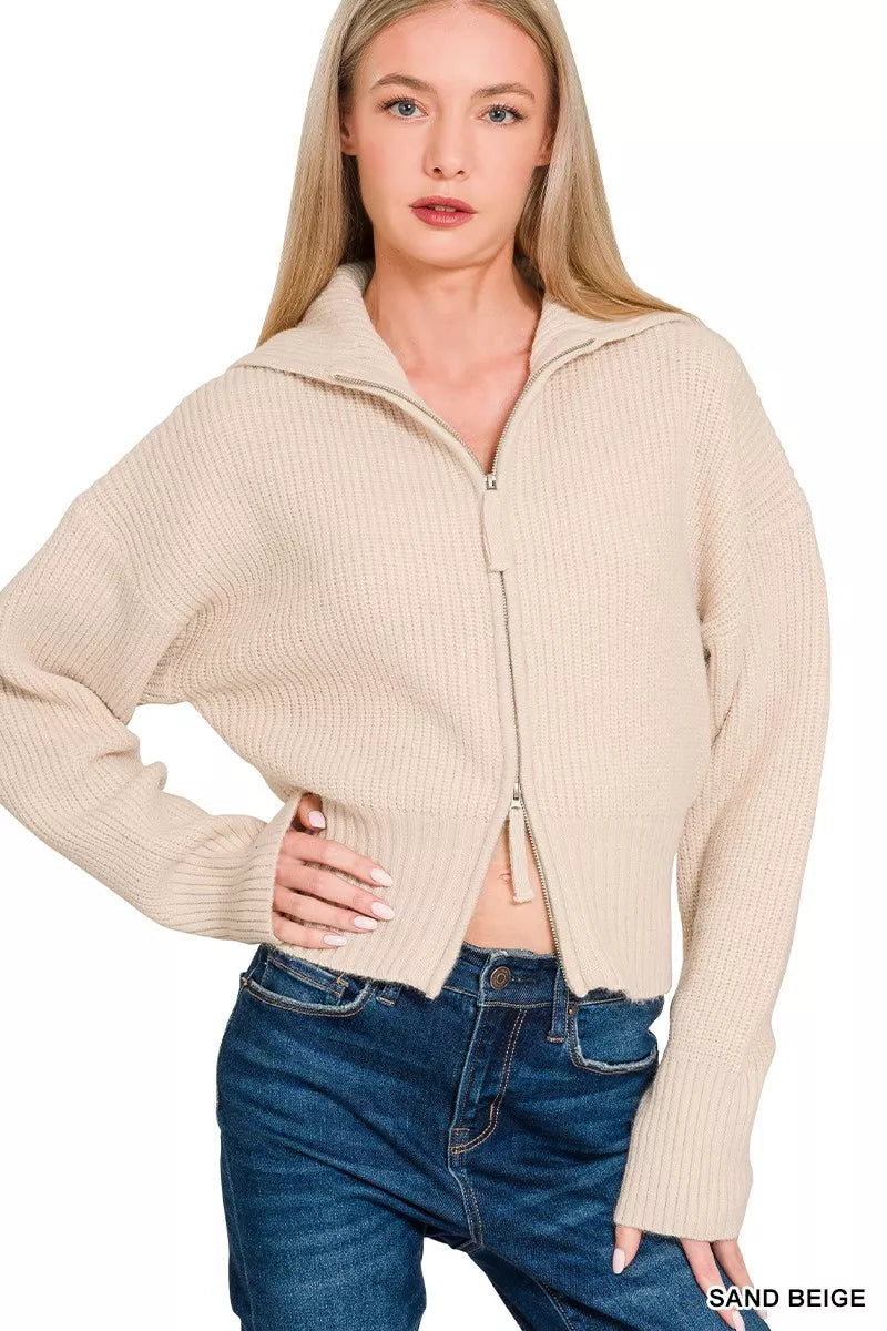 SAND BEIGE Zenana Ribbed Collared Zip Up Sweater Cardigan | Daverri Fashions