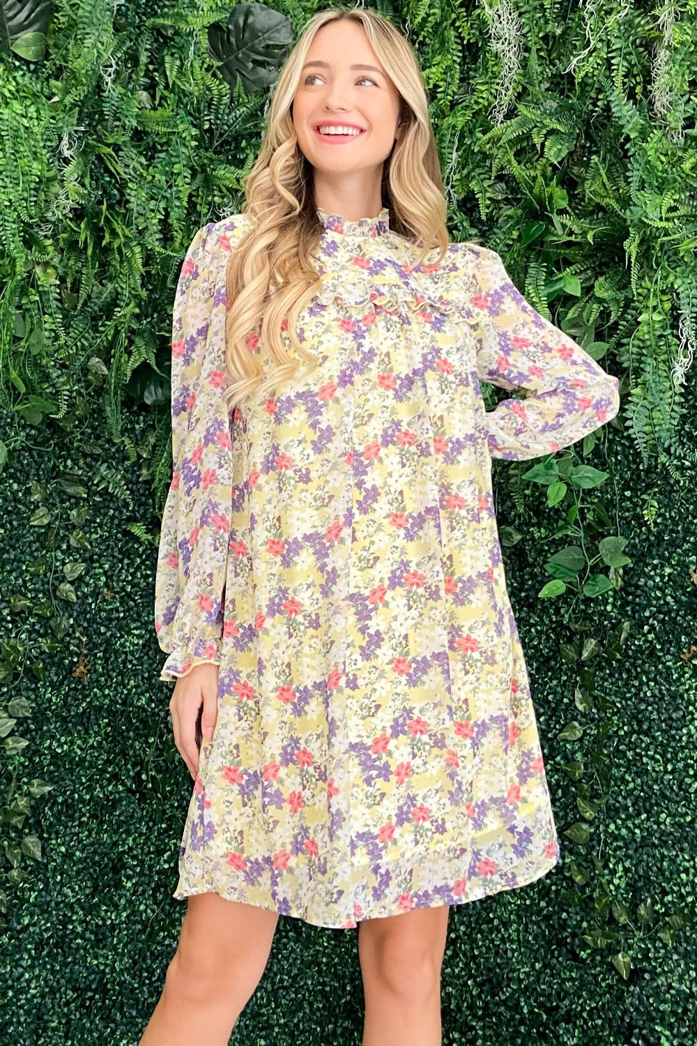 And The Why Floral Mock Neck Flounce Sleeve Dress Lemon