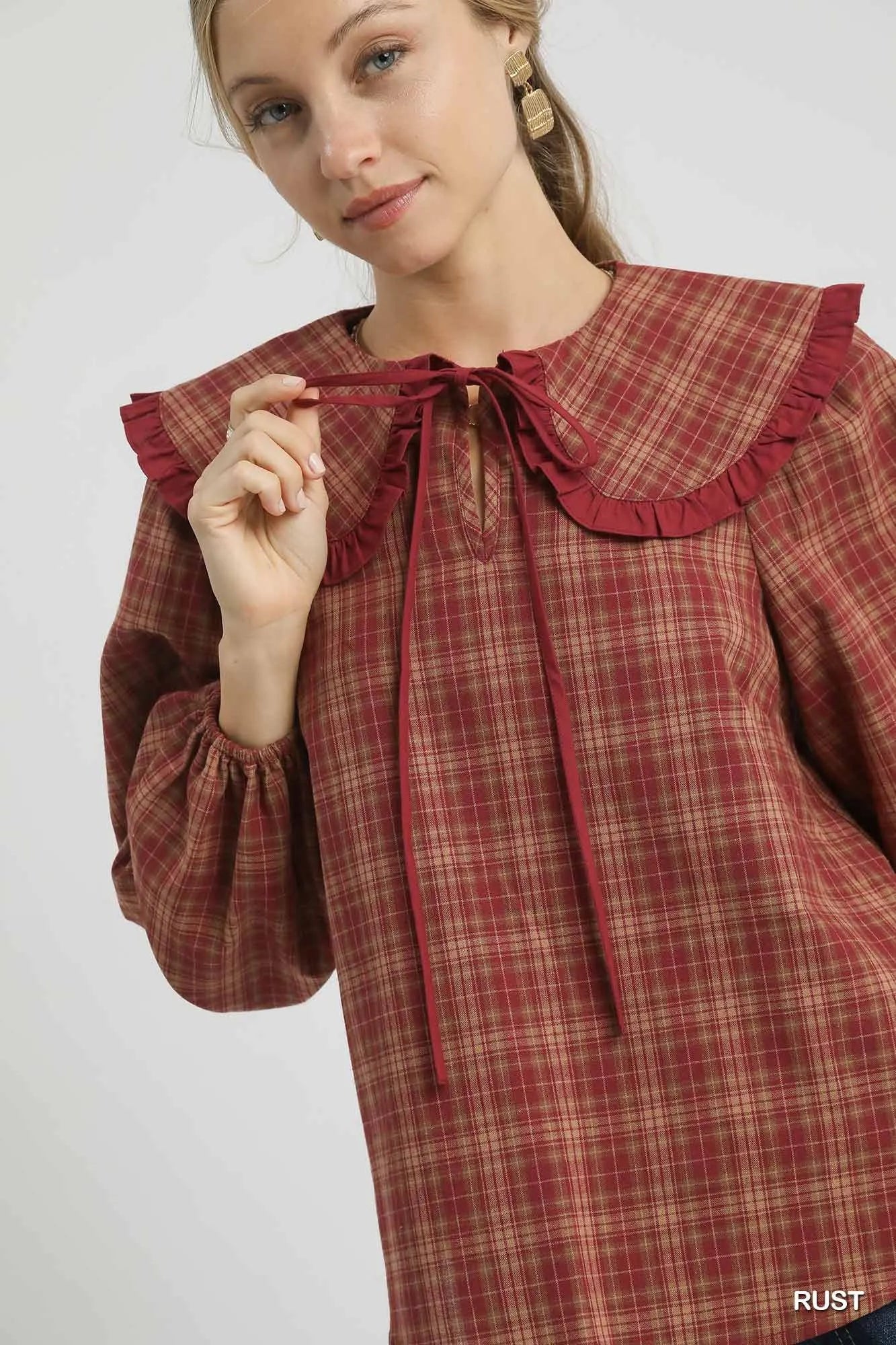 Umgee Full Size Plaid Ruffle Collar Blouse Plus Size | Blouses Daverri Fashions