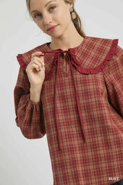 Umgee Full Size Plaid Ruffle Collar Blouse Plus Size | Blouses Daverri Fashions