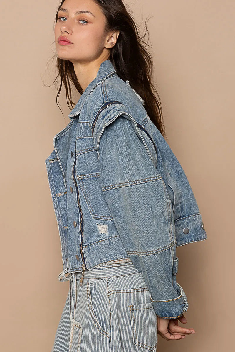 POL Cropped Denim Jacket with Functional Zipper Detail Denim Jackets