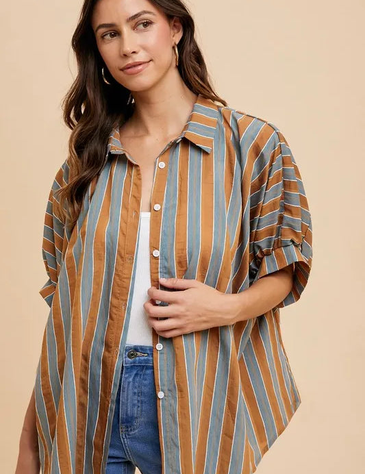 Annie Wear Oversized Drop Shoulder Striped Woven Shirt | Daverri Fashions