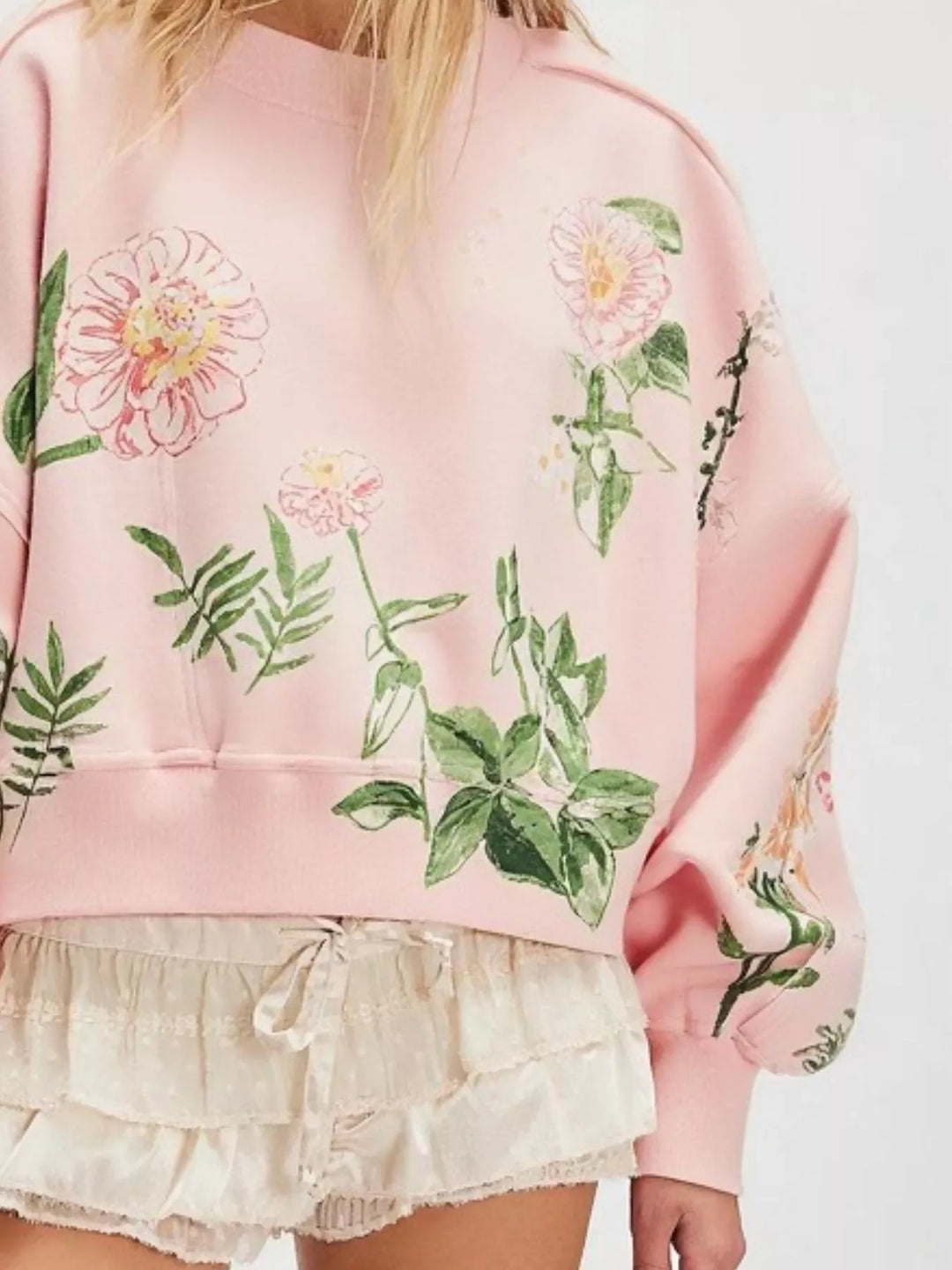 Printed Round Neck Dropped Shoulder Sweatshirt | Sweatshirts Daverri Fashions