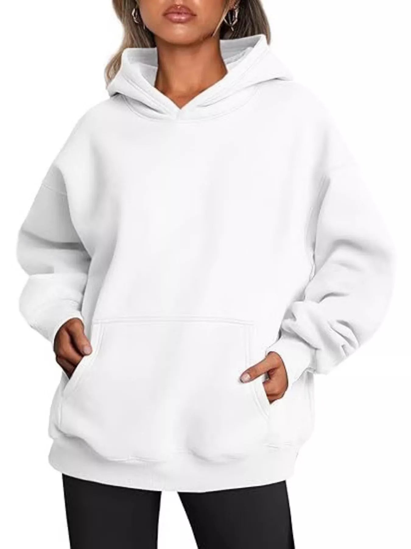 White kangaroo pocket long sleeve hoodie in cozy oversized fabric