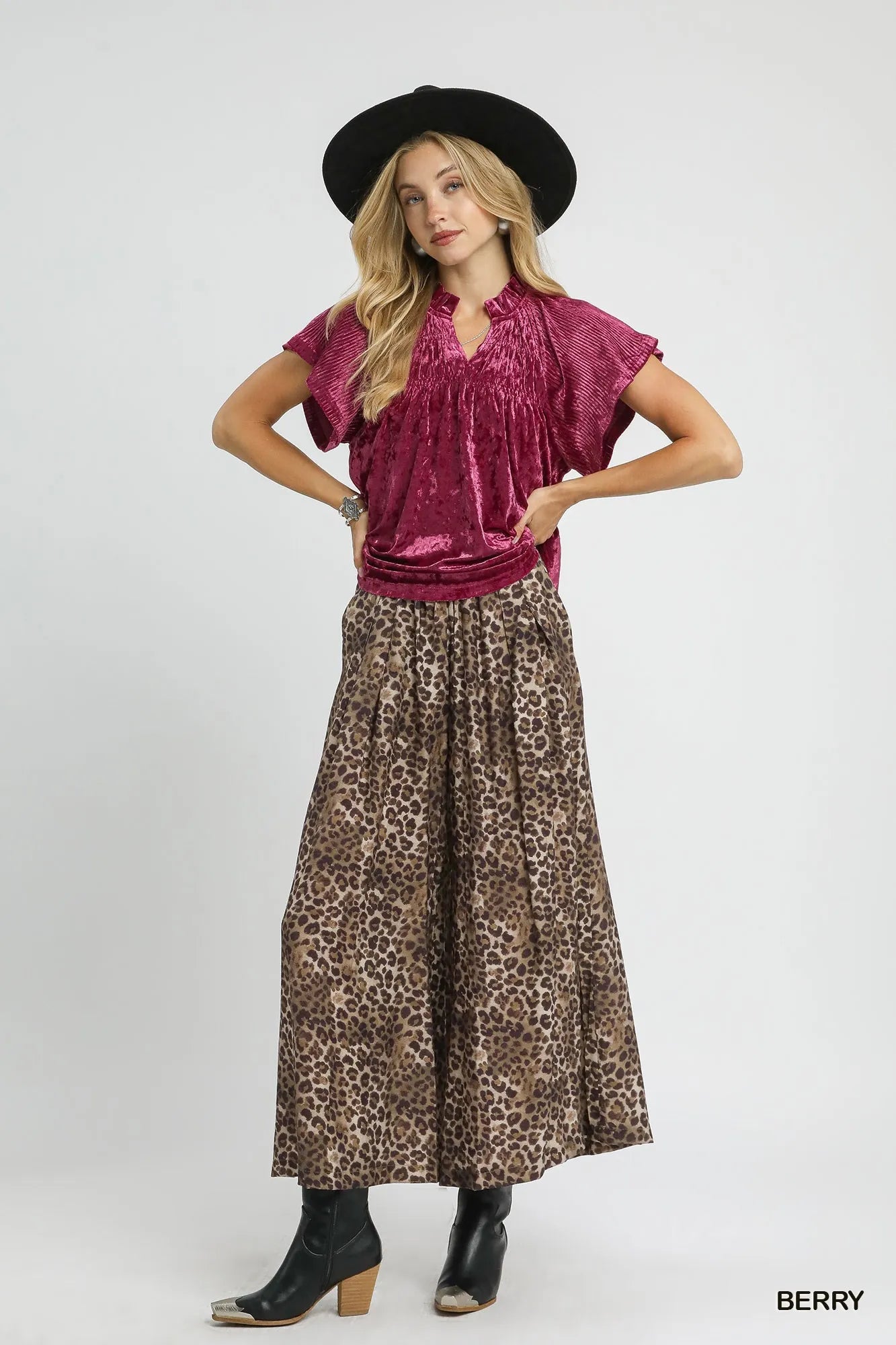 Umgee Crushed Velvet Pleated Blouse Blouses
