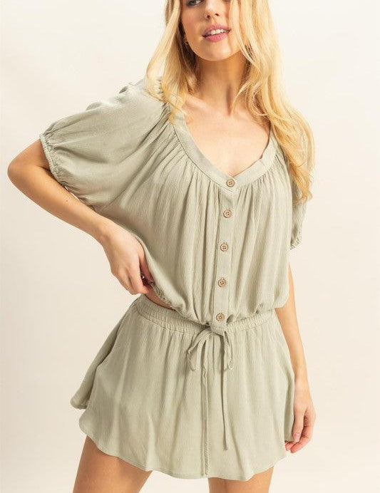 Sage HYFVE Drawstring Hem Short Sleeve Top and Skort Set | Outfit Sets Daverri Fashions