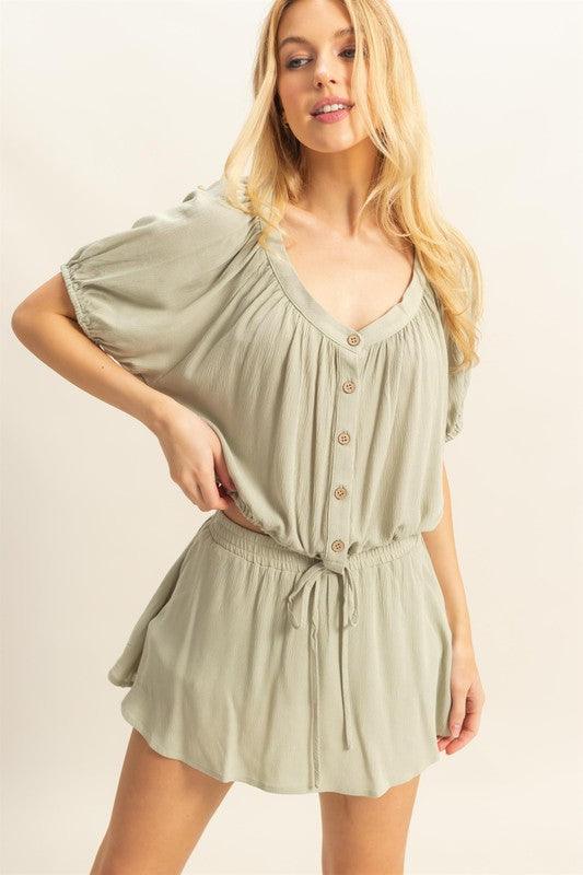 HYFVE Drawstring Hem Short Sleeve Top and Skort Set Sage Short Sets