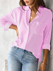 Lovelet Striped Collared Neck Shirt with Pocket | Shirts Daverri Fashions
