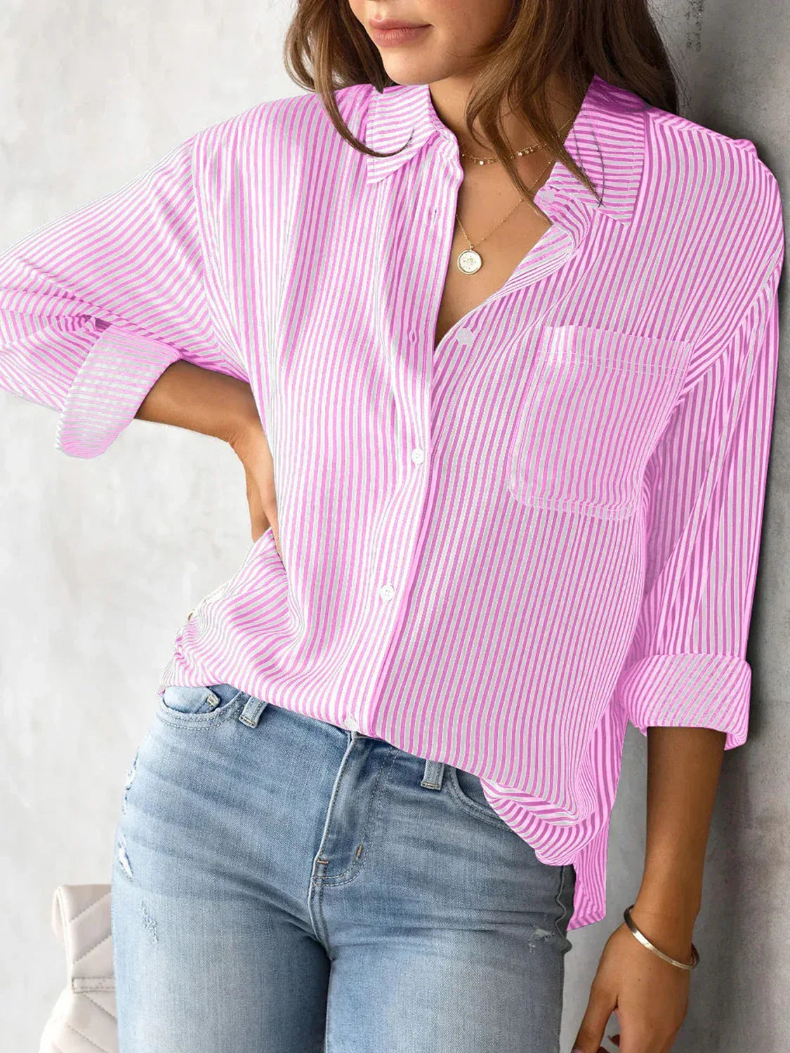 Lovelet Striped Collared Neck Shirt with Pocket - DAVERRI FASHIONS