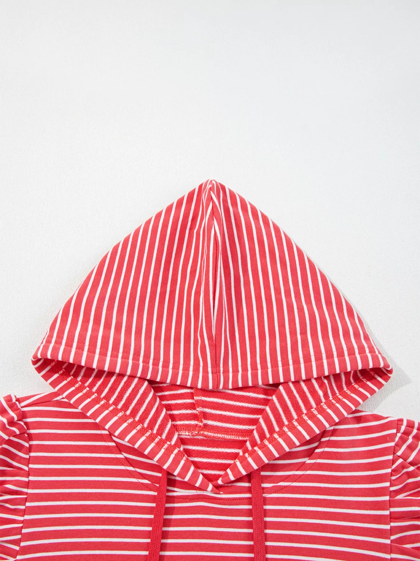 Red and white striped cotton hoodie with puff sleeves and drawstring
