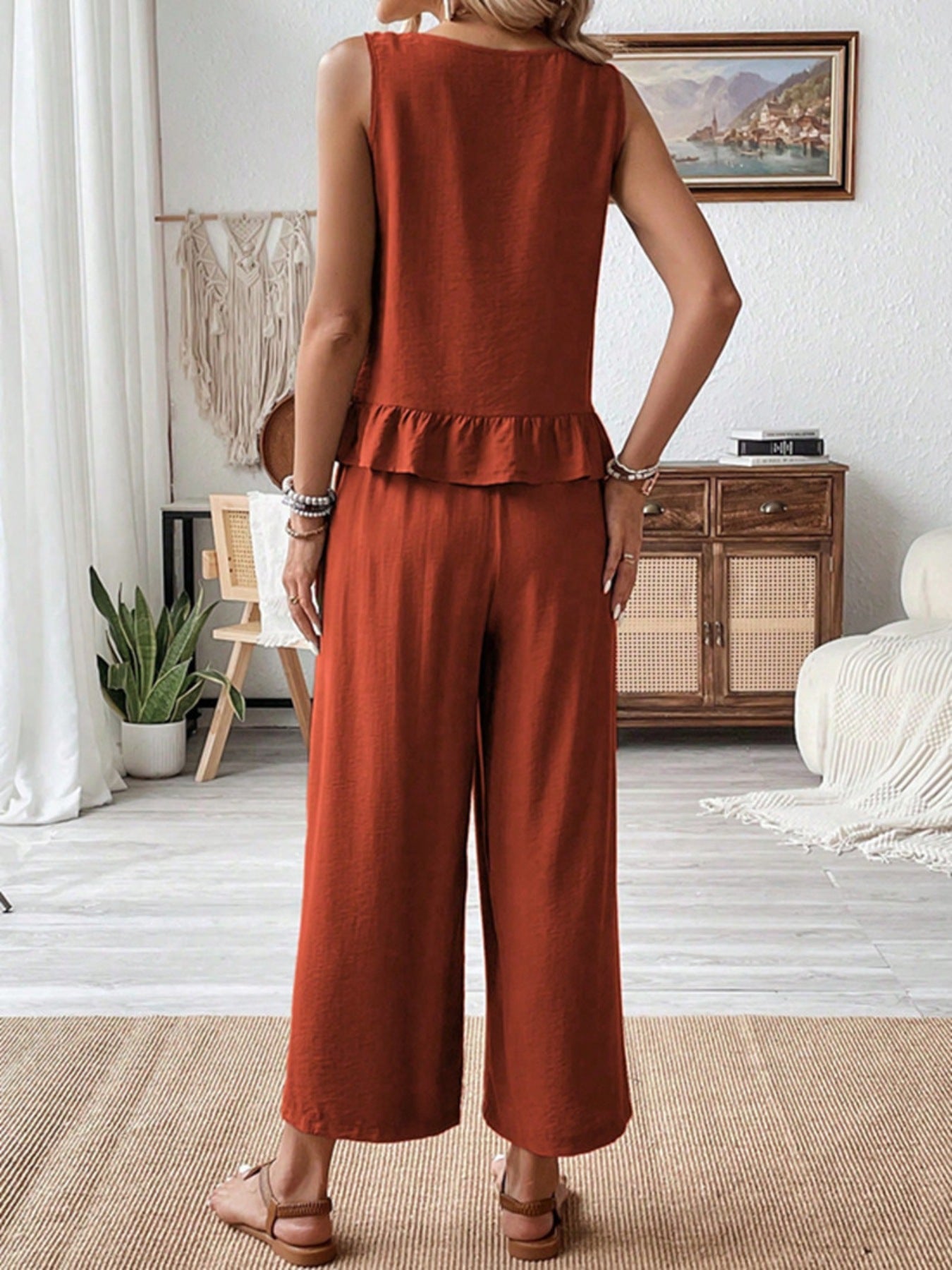 Daverri rust-colored sleeveless ruffle hem tank and wide-leg two-piece set