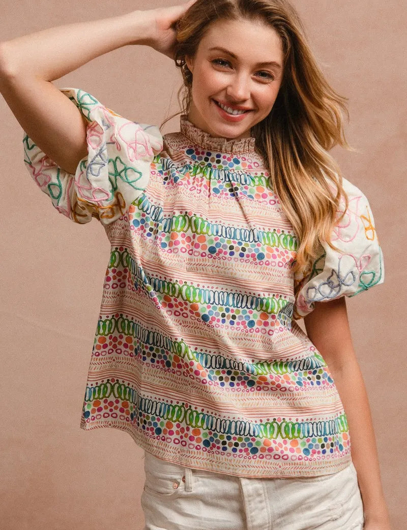 BiBi Ruffle Neckline Blouse With Embroidery Bubble Sleeve | Daverri Fashions