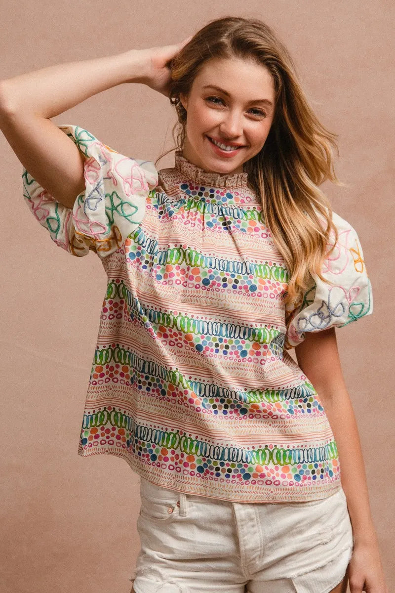 BiBi Ruffle Neckline Blouse With Embroidery Bubble Sleeve | Daverri Fashions
