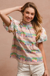BiBi Ruffle Neckline Blouse With Embroidery Bubble Sleeve | Daverri Fashions