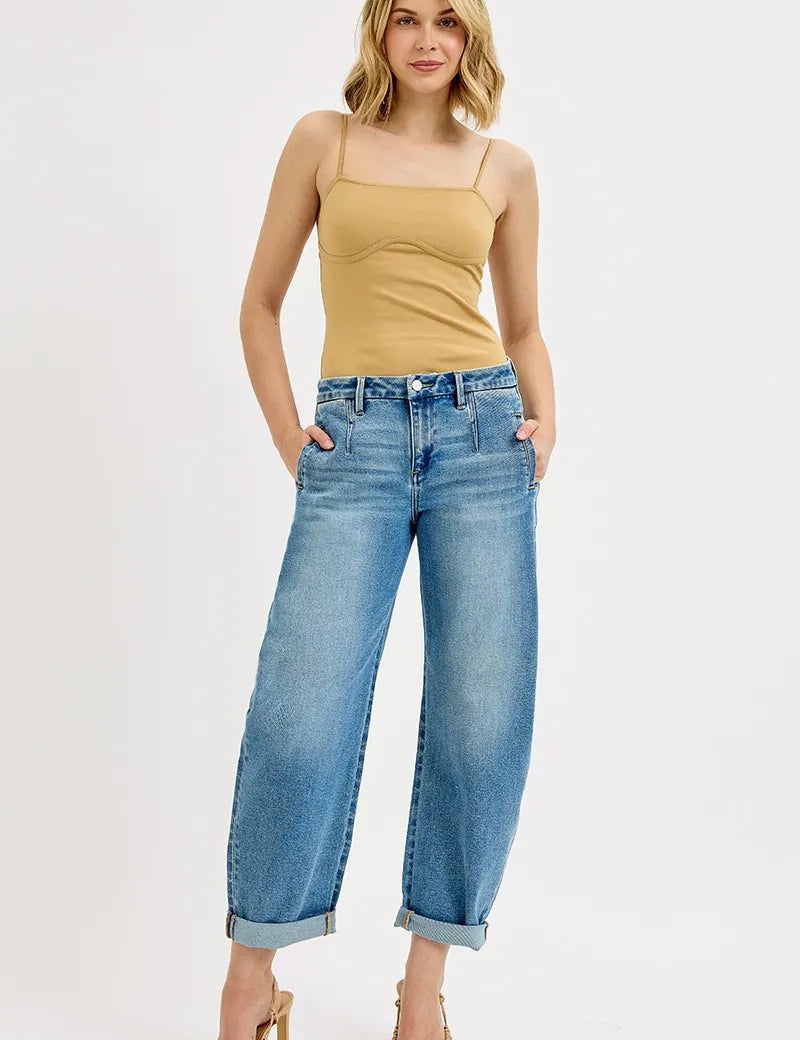 MEDIUM RISEN Full Size Mid Rise Fit Barrel Roll Up Jeans | Jeans Daverri Fashions