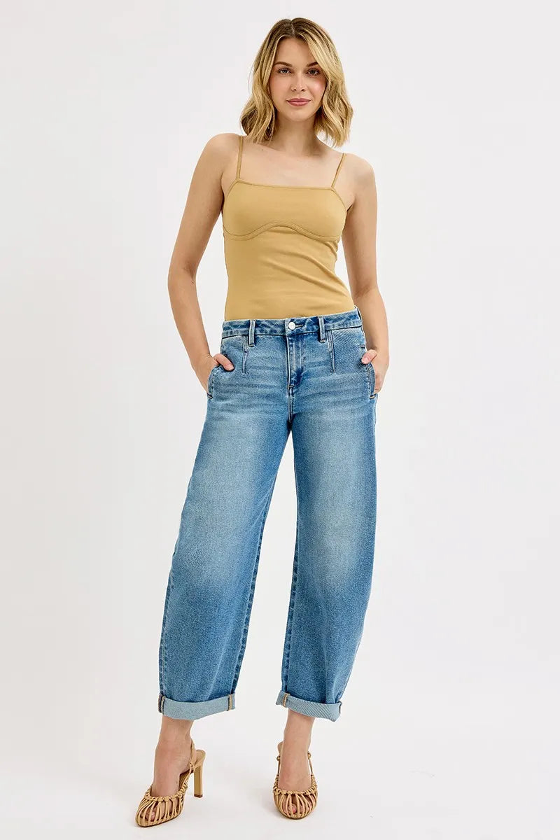 RISEN Full Size Mid Rise Fit Barrel Roll Up Jeans MEDIUM Jeans