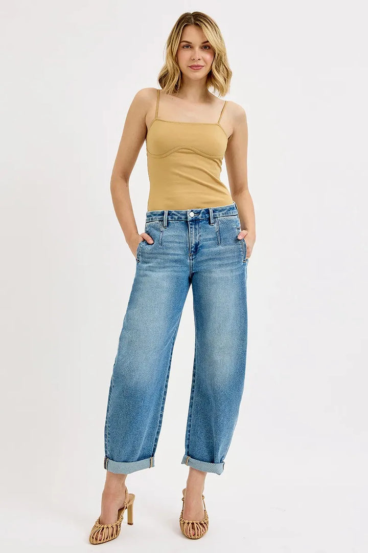 RISEN Full Size Mid Rise Fit Barrel Roll Up Jeans MEDIUM Jeans