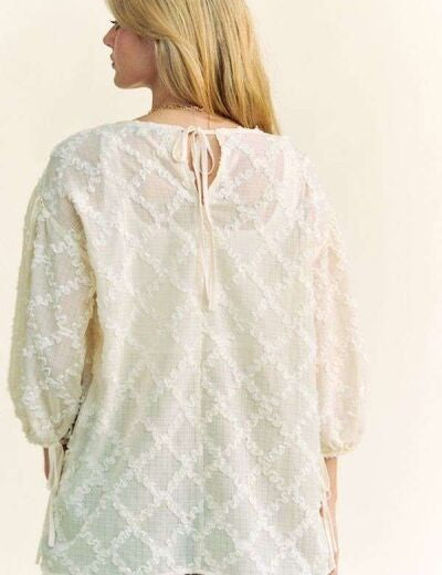 Davi & Dani Tied Round Neck Mesh Blouse