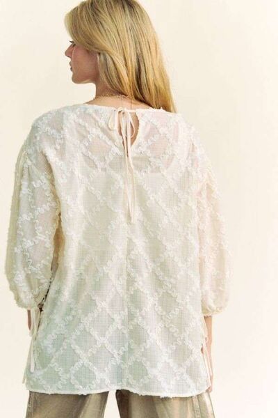 Davi & Dani Tied Round Neck Mesh Blouse Blouses