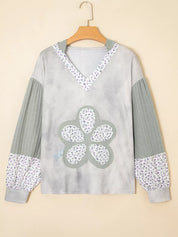 Floral Patched Waffle Textured V Neck Casual Hooded Top | Tops Daverri Fashions