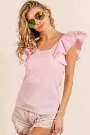 BiBi Wide Layered Ruffle Sleeve Scoop Neck Ribbed Top | Tops Daverri Fashions