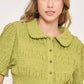 Umgee avocado smocked short sleeve button-front shirt with Peter Pan collar