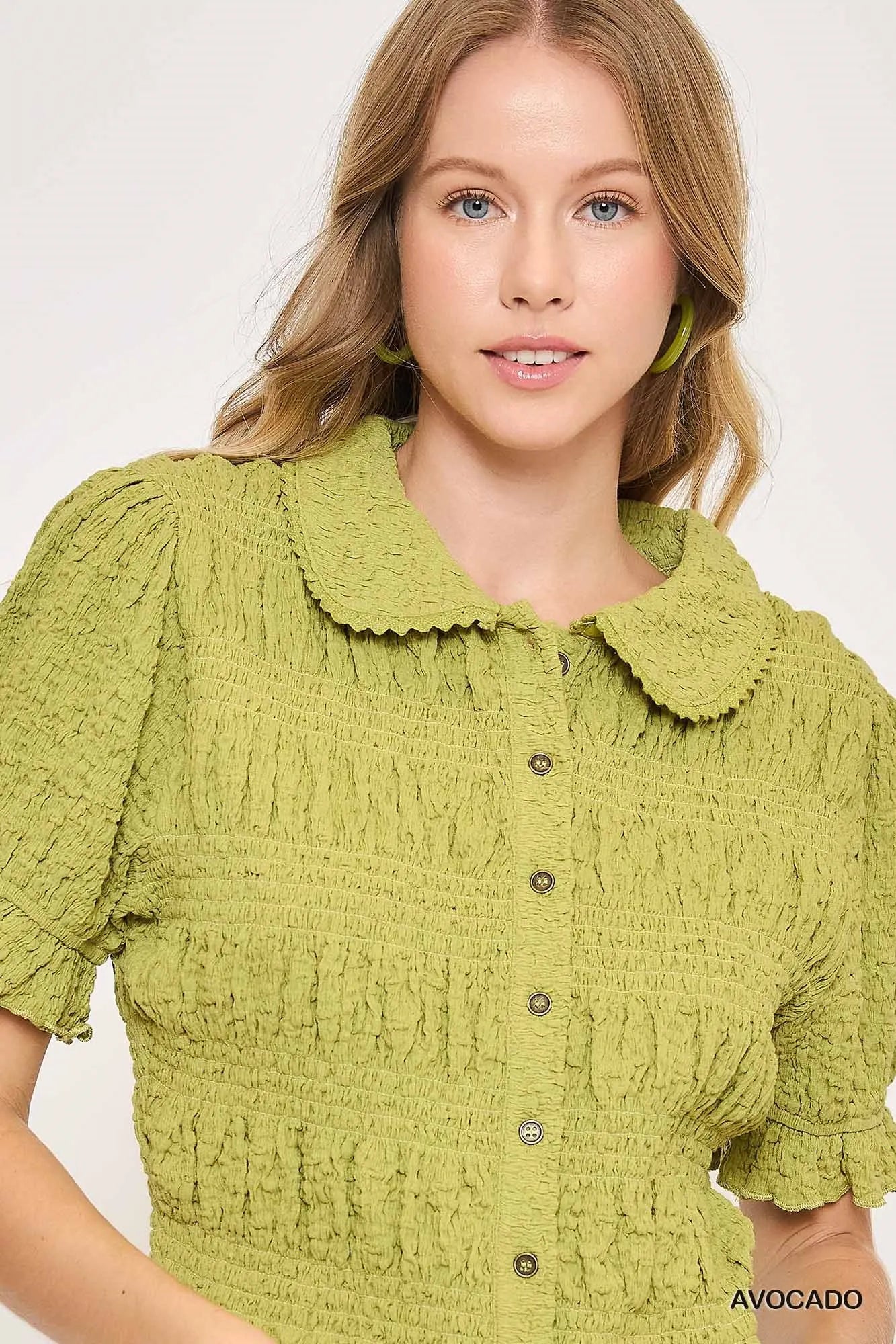 Umgee avocado smocked short sleeve button-front shirt with Peter Pan collar